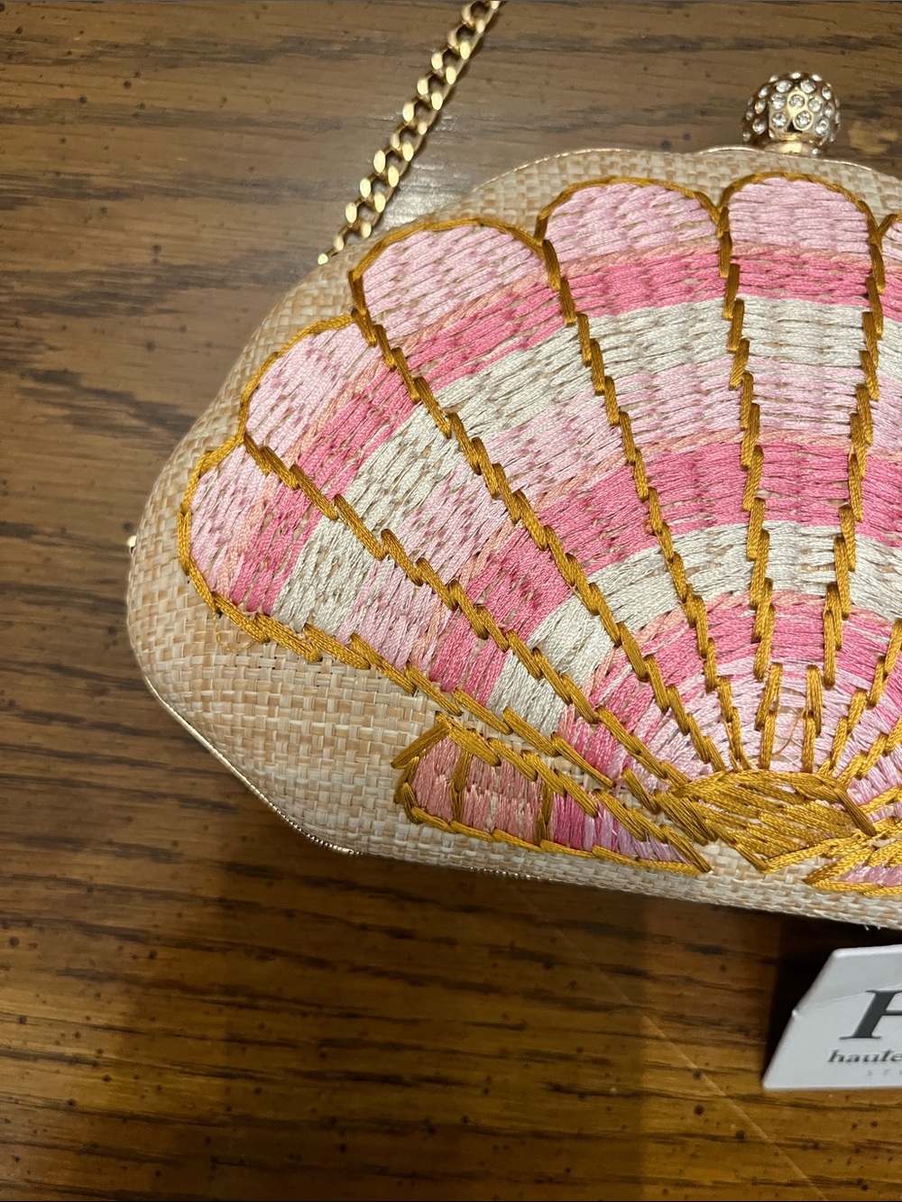 Haute Hippie Pink & Cream Shell-Embroidered Clutch with Gold Chain - Picture 3 of 15